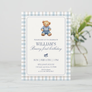 Blauer Gingham Beary Erster Geburtstag Teddybär Ju Einladung