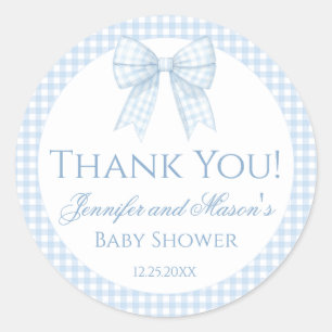 Blauer Gingham Bogen Baby Dusche Danke Aufkleber