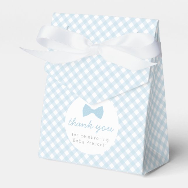 Blauer Gingham Bogen Krawatte Babydusche Geschenkschachtel (Vorderseite)