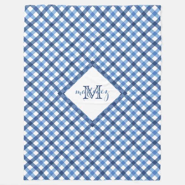 Blauer Gingham Diamant Monogramm-Name Fleece Decke (Vorderseite)