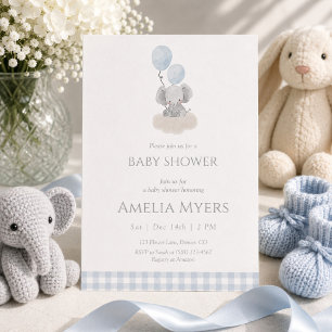 Blauer Gingham-Elefant auf Wolken-Baby-Party Einladung