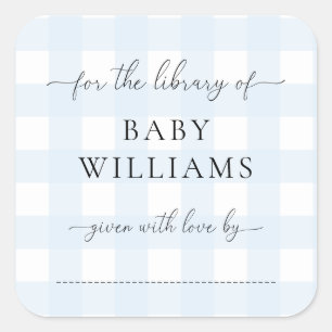 Blauer Gingham-Exlibris-Aufkleber Quadratischer Aufkleber