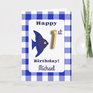 Blauer Gingham-Goldfolien-Ballonfisch zum 1. Gebur Karte