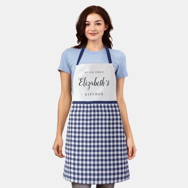 Blauer Gingham Karo Erwachsener personalisierte Kü Schürze (Getragen)