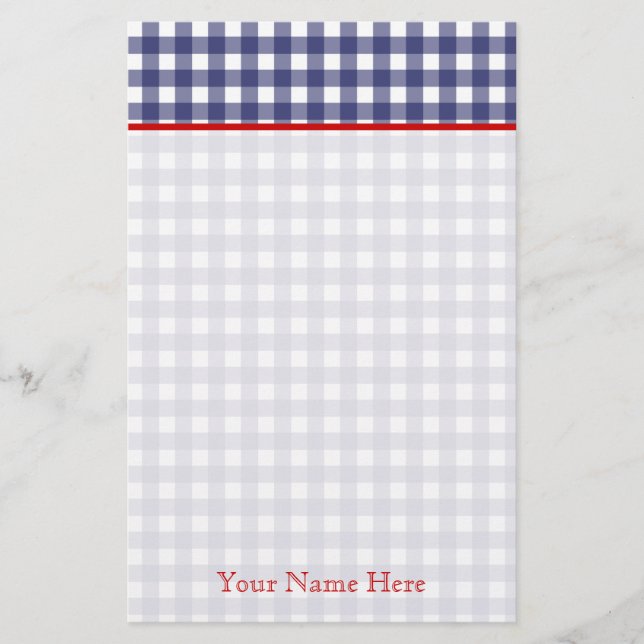 Blauer Gingham mit rotem Personalisiertem Stationi Briefpapier (Vorderseite)