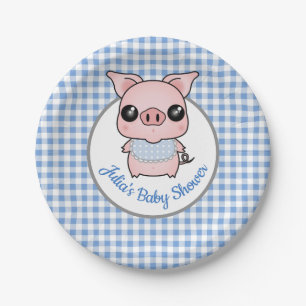 Blauer Gingham-Piggy Babyparty Pappteller