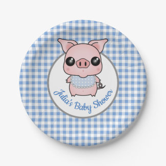Blauer Gingham-Piggy Babyparty Pappteller