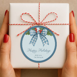 Blauer Gingham-Schleifen-Frohe-Feiertage-Geschenk- Runder Aufkleber