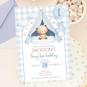 Blauer Gingham-Teddybär-Ballon-Junge 1. Geburtstag Einladung