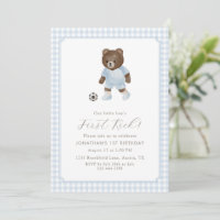 Blauer Gingham-Teddybär-Fußball-Erstes-Tor-Einladu