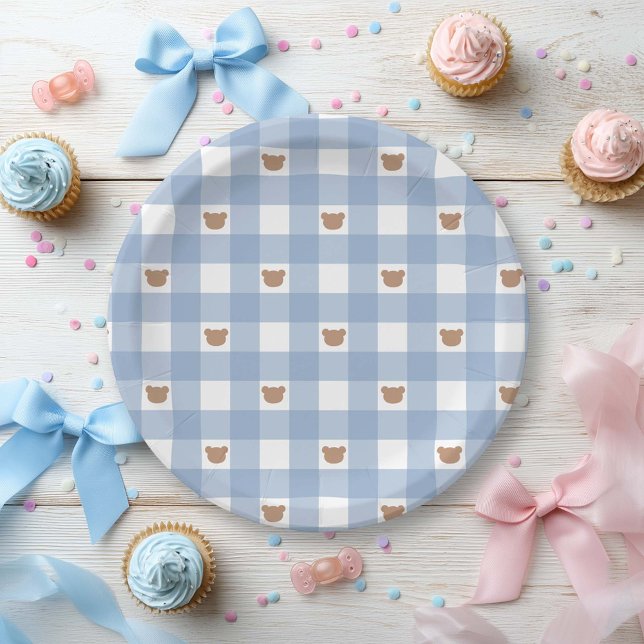 Blauer Gingham-Teddybär - Kaum warten Baby-Junge-S Pappteller (Von Creator hochgeladen)
