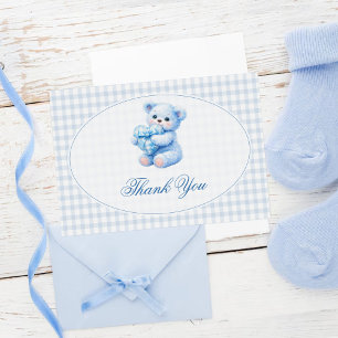 Blauer Gingham-Teddybär neutrale Babyparty Einladung