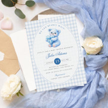 Blauer Gingham-Teddybär Neutrale Babyparty