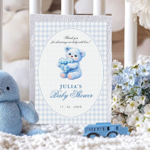 Blauer Gingham-Teddybär neutrale Babyparty Einladung