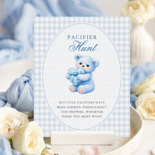 Blauer Gingham-Teddybär neutrale Babyparty Poster