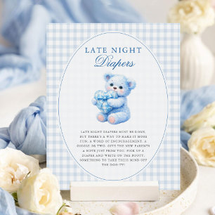 Blauer Gingham-Teddybär neutrale Babyparty Poster