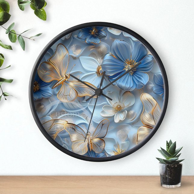 Blauer Glass Goldene Schmetterlinge auf der Blume  Uhr (Von Creator hochgeladen)