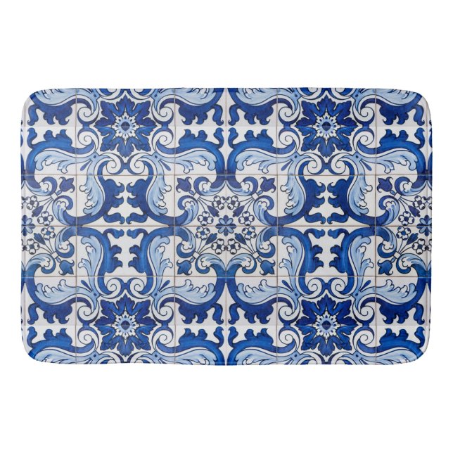 Blauer Glazed Azulejo Tile Blumenmuster Badematte (Vorderseite)