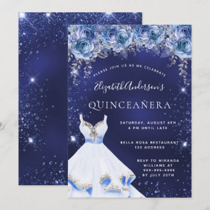 Blauer Glitter-Kleid Blumen Quinceanera Einladung
