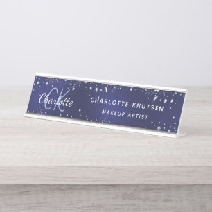 Blauer Glitter-Monogramm-Profi Schreibtischnamensplakette