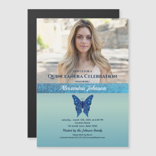Blauer Glitter Quinceañera-Foto Magneteinladung