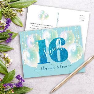 Blauer Glitter Sweet 16 Geburtstagsballon Danke Postkarte