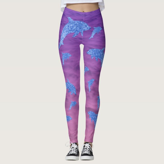 Blauer Glitzer Dolphin in rosa und Lila Meer Leggings (Vorderseite)
