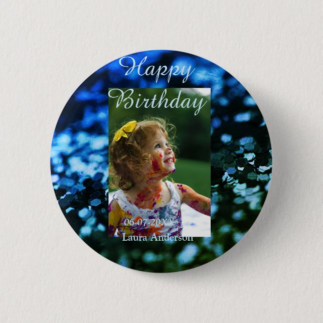 Blauer Glitzer Foto Kindergeburtstag Moderner Rost Button (Vorderseite)