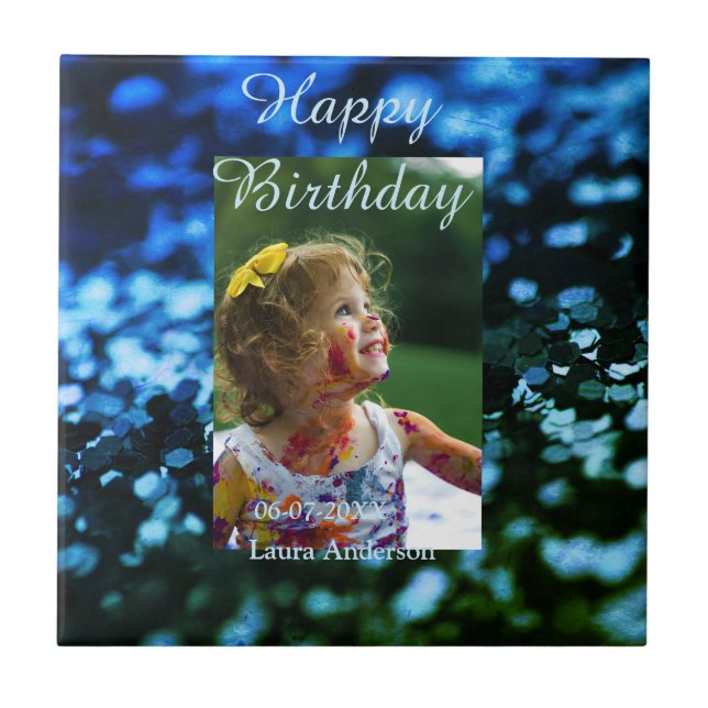 Blauer Glitzer Foto Kindergeburtstag Moderner Rost Fliese (Vorderseite)