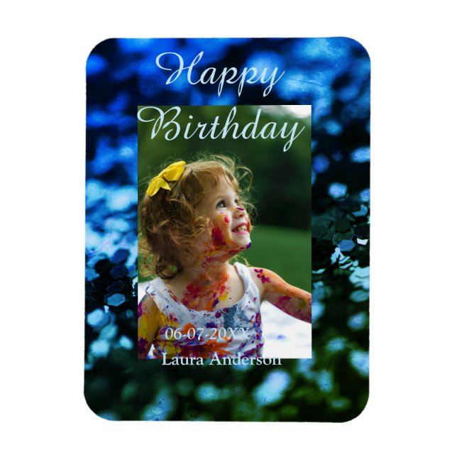 Blauer Glitzer Foto Kindergeburtstag Moderner Rost Magnet (Vertikal)