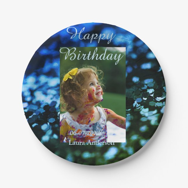Blauer Glitzer Foto Kindergeburtstag Moderner Rost Pappteller (Vorderseite)
