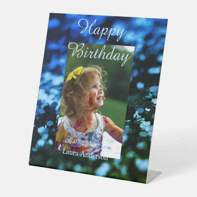 Blauer Glitzer Foto Kindergeburtstag Moderner Rost Sockelschild (Vorderseite)