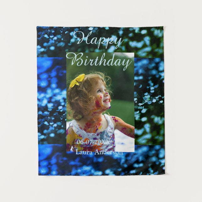 Blauer Glitzer Foto Kindergeburtstag Moderner Rost Wandteppich (Vorderseite)