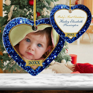 Blauer Glitzer-Herzen-Foto-Rahmen-Ornament Keramikornament