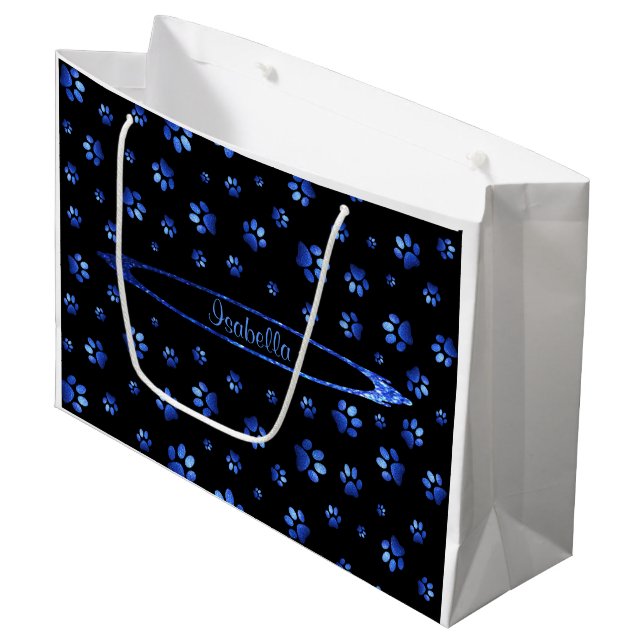Blauer Glitzer Hundeschema Monogram Große Geschenktüte (Vorderseite Schrägansicht)