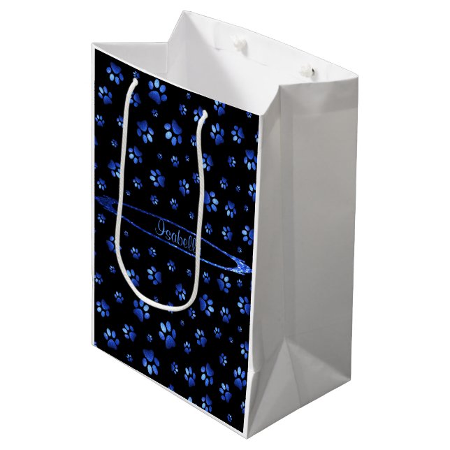 Blauer Glitzer Hundeschema Monogram Mittlere Geschenktüte (Vorderseite Schrägansicht)
