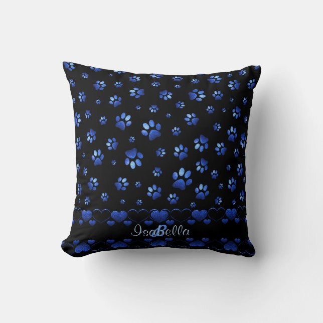 Blauer Glitzer Hundeschema, Monogramm Kissen (Vorderseite)