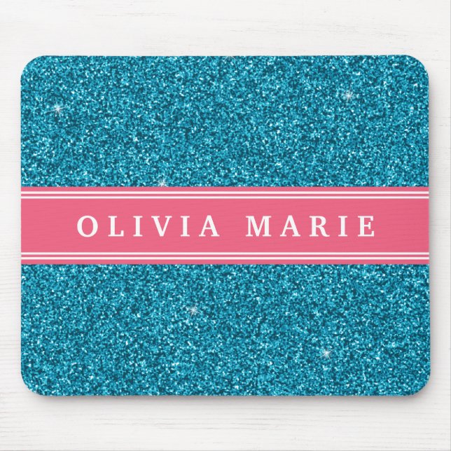 Blauer Glitzer (Imitate) Rosa Personalisierter Nam Mousepad (Vorne)
