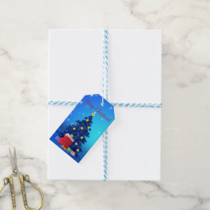 Blauer Glitzer mit Weihnachtsbaum und Geschenken Geschenkanhänger
