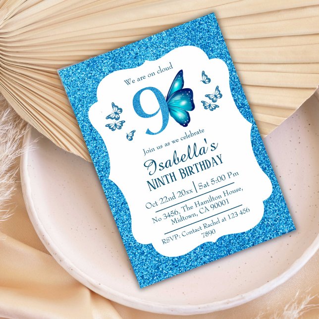 Blauer Glitzer niedlich lebendig funkelnd 9. Gebur Einladung (Von Creator hochgeladen)