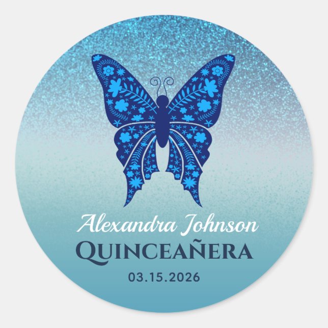 Blauer Glitzer Quinceañera Butterfly Runder Aufkleber (Vorderseite)