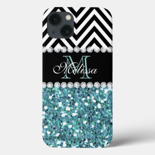 BLAUER GLITZER SCHWARZES CHEVRON-MONOGRAMM Case-Mate iPhone HÜLLE