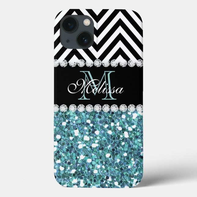 BLAUER GLITZER SCHWARZES CHEVRON-MONOGRAMM Case-Mate iPhone HÜLLE (Rückseite)