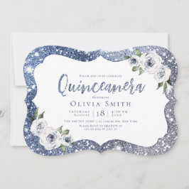 Blauer Glitzer und blumengeschmückte Quinceanera Einladung