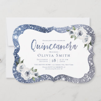 Blauer Glitzer und blumengeschmückte Quinceanera Einladung