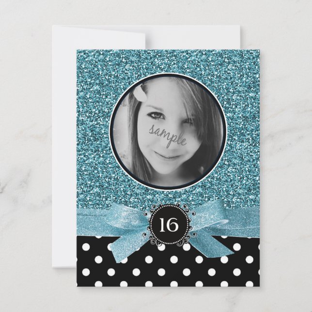 Blauer Glitzer und BW-Punkte-Foto-Bonbon 16 Einladung (Vorderseite)