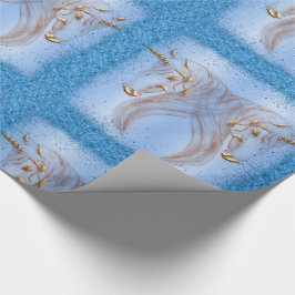 Blauer Glitzer und goldene Einhörner Geburtstag Geschenkpapier