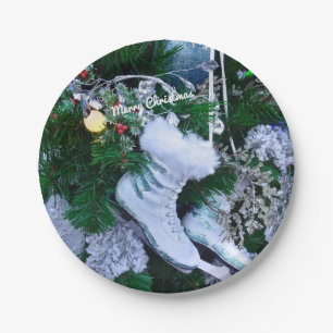 Blauer Glitzer und Pelzeis-Skate auf Weihnachtsbau Pappteller