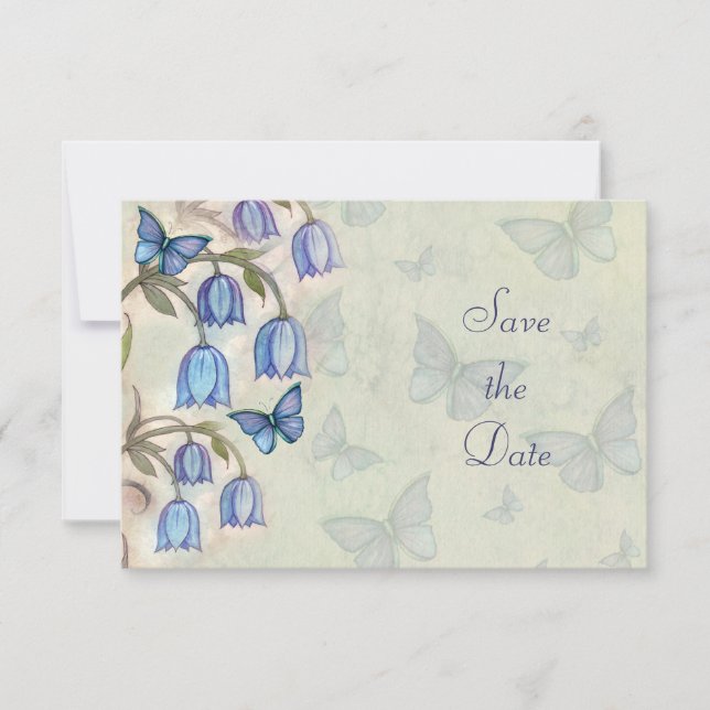 Blauer Glockenfrühling Schmetterlinge Save The Date (Vorderseite)
