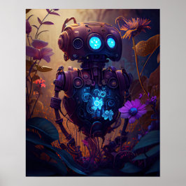 Blauer Glow Robot & Lila Blumen Poster